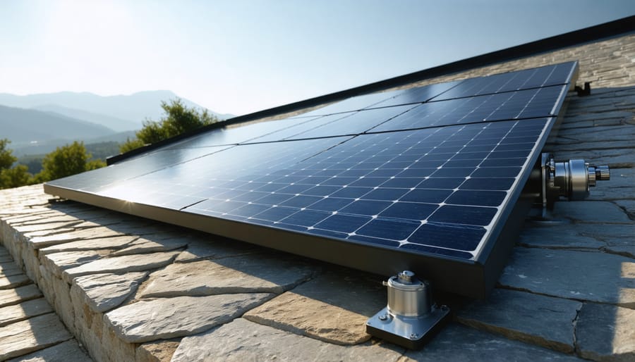 Close-up of solar panel mounting hardware attached to natural stone surface