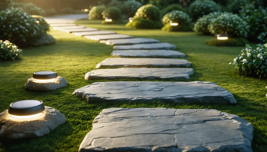 Illuminated stone pathway markers with integrated solar panels glowing at dusk