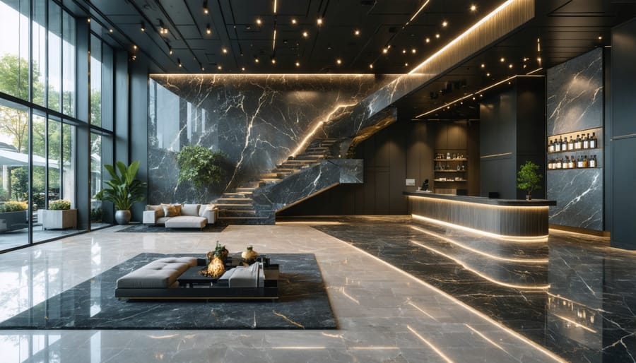 Luxury hotel lobby interior featuring natural stone floors and walls