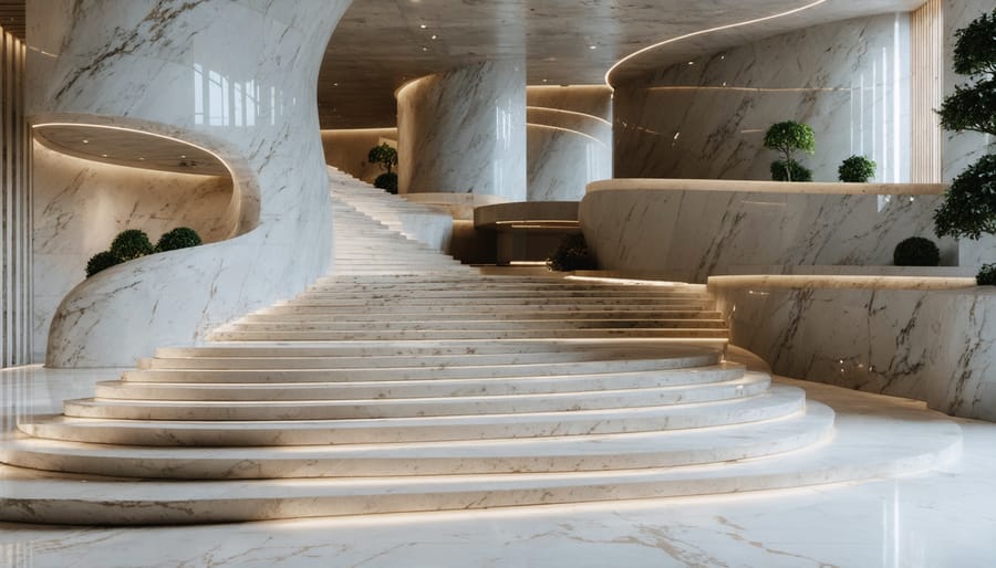 Craftsman polishing curved natural stone surface using specialized fabrication tools
