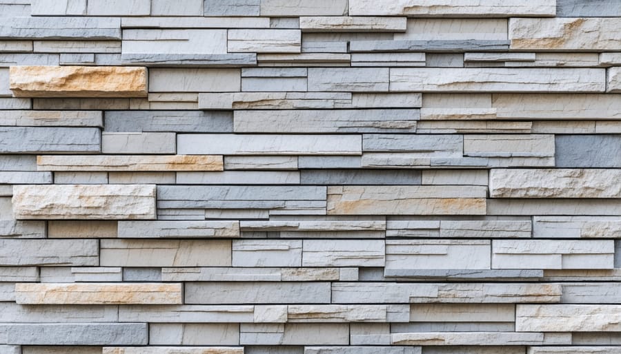 Modern building exterior featuring large natural stone panels with dramatic lighting