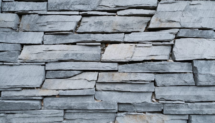 Construction workers installing large stone panels on building facade