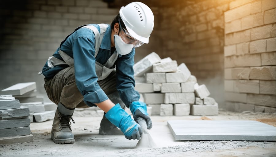 Worker demonstrating proper personal protective equipment for stone maintenance