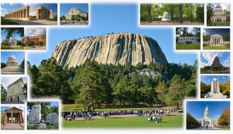 A conceptual collage featuring Stone Mountain's granite dome surrounded by images of its historical and cultural significance, including Native American artifacts, architectural icons, and the Confederate Memorial Carving, with diverse visitors enjoying the park in the foreground.