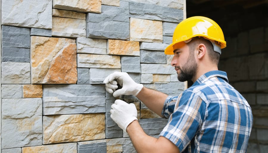 Step-by-step installation of stone wall mural showing tools and techniques