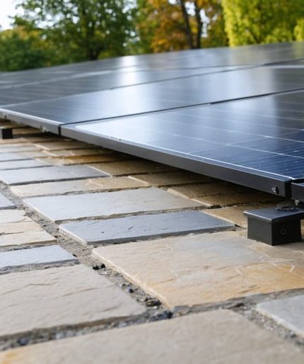 "Stone patio with solar panels integrated into the design, surrounded by garden and trees, illustrating sustainable architectural innovation."
