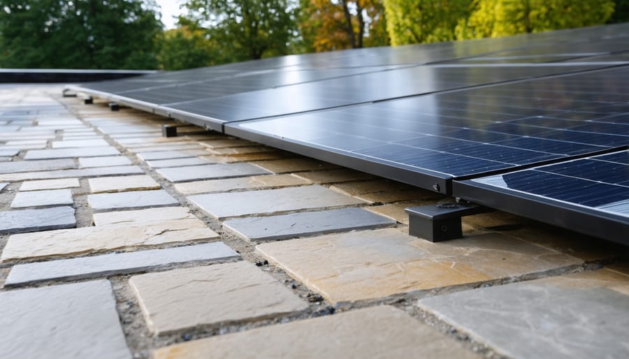 "Stone patio with solar panels integrated into the design, surrounded by garden and trees, illustrating sustainable architectural innovation."