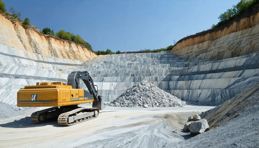 Aerial view of a working stone quarry with excavators and terraced mining operations