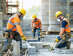 Stone restoration workers adhering to essential safety protocols, showcasing full personal protective equipment including hard hats, gloves, respirators, and safety goggles, alongside visible scaffolding and safety signage on a restoration site.