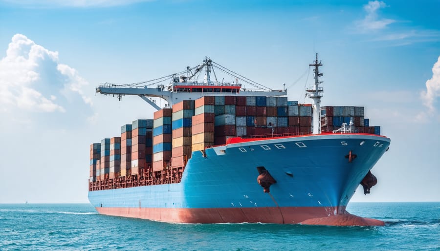 Cargo ship loaded with natural stone materials in busy commercial port at sunset