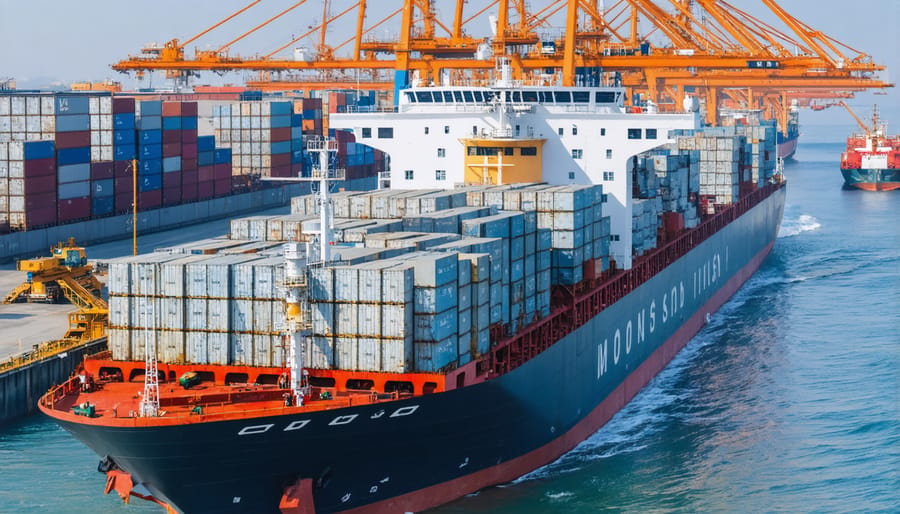 Large stone blocks being loaded onto cargo ship at industrial port