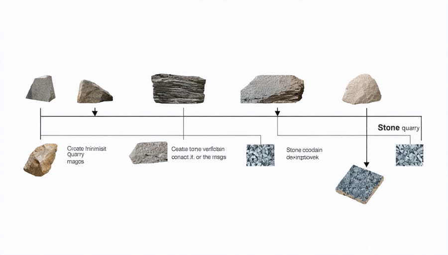 Supply chain diagram showing stone authentication checkpoints from quarry to installation