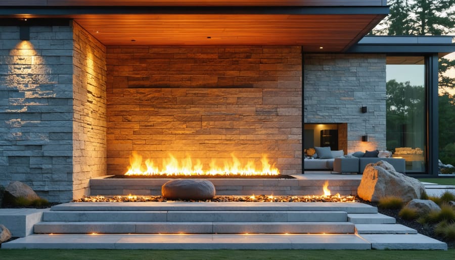 Stone building exterior at sunset showing thermal properties through visible heat patterns