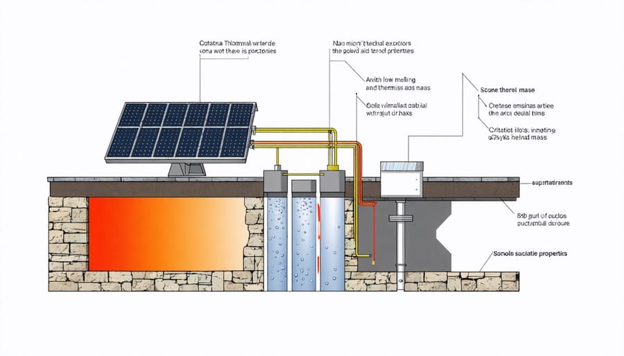 Technical illustration of solar thermal system integration with stone wall structure