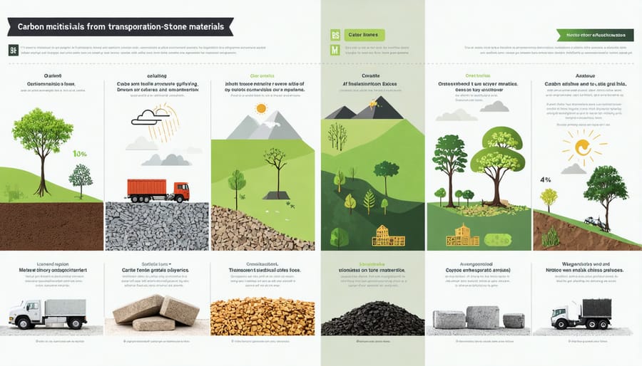 Comparative visualization of carbon emissions from truck, rail, and ship transportation of natural stone