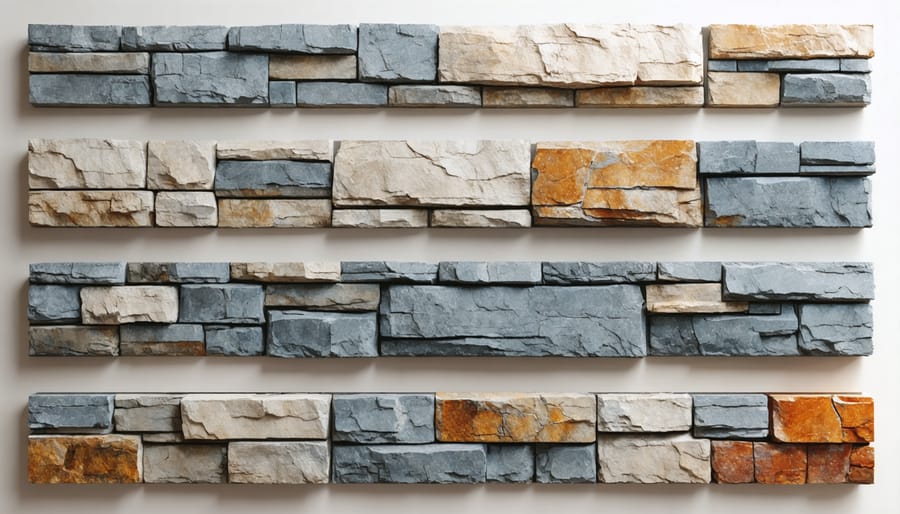 Various stone materials including slate, limestone, and manufactured stone veneer samples