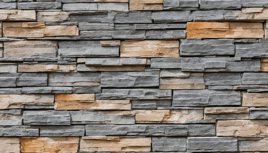 Cross-section view of stone wall installation layers showing insulation and mounting system