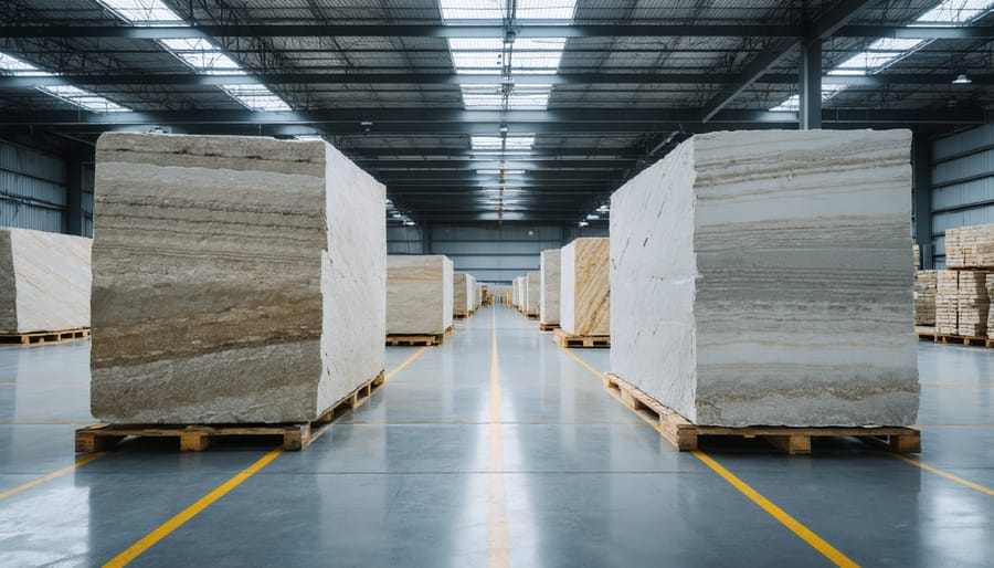 Industrial warehouse storing large marble blocks with sophisticated racking systems