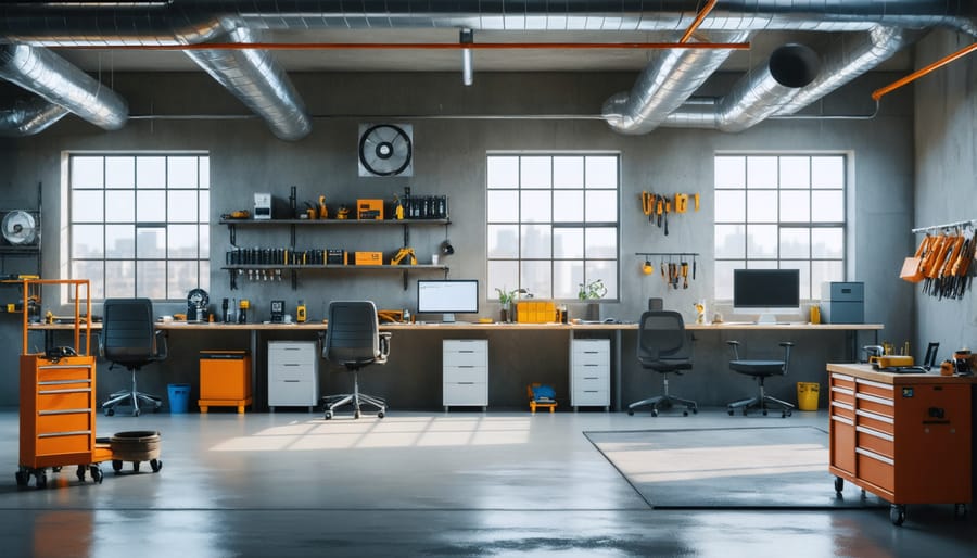 Properly ventilated workspace for stone maintenance with safety equipment