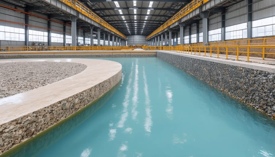 Interior of sustainable stone processing facility with advanced machinery and environmental controls