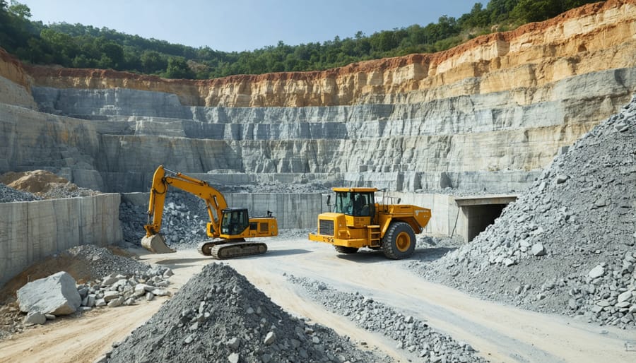Aerial view of an active stone quarry showing organized extraction levels and environmental protection measures