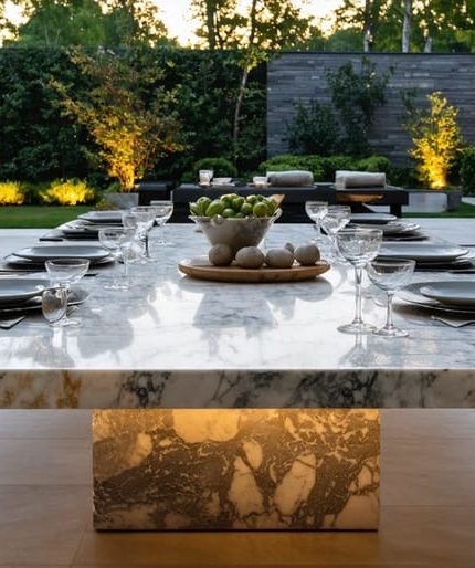 Outdoor setting with a luxurious natural stone table, showcasing marble veining and contemporary dining setup amidst a lush garden environment.