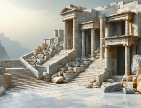 Conceptual illustration showcasing the enduring versatility of natural stone, blending elements of ancient monuments with modern architecture, overlaid on a background of geological formations representing stone's diverse origins.