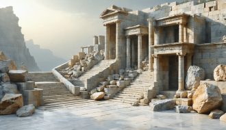 Conceptual illustration showcasing the enduring versatility of natural stone, blending elements of ancient monuments with modern architecture, overlaid on a background of geological formations representing stone's diverse origins.