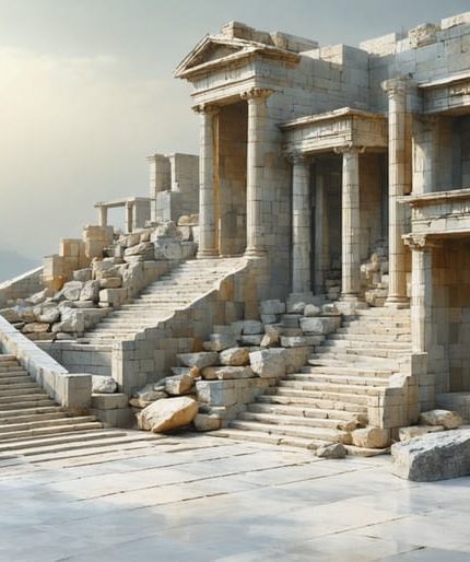 Conceptual illustration showcasing the enduring versatility of natural stone, blending elements of ancient monuments with modern architecture, overlaid on a background of geological formations representing stone's diverse origins.