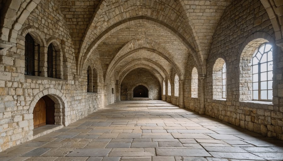 Upward view of medieval church vaulted stone ceiling with light rays