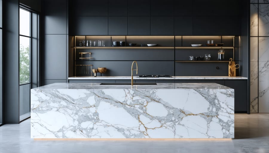 Modern kitchen with white veined quartz countertop contrasting with dark cabinetry