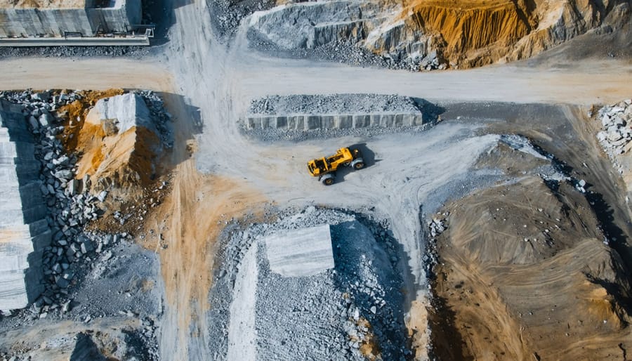 Aerial view of stone quarry showing terraced layers and equipment