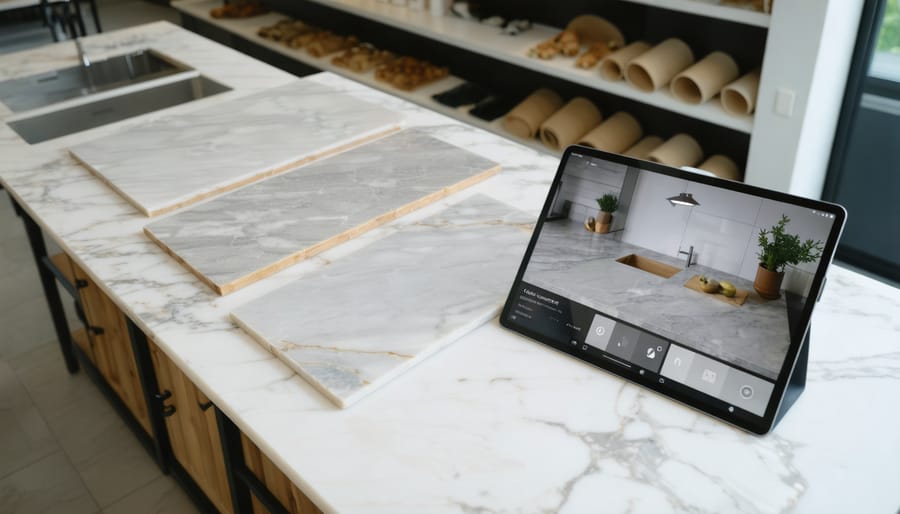 Natural stone slab samples on a modern desk with a tablet showing an AR preview of the stone on a kitchen countertop, lit by soft daylight with a blurred studio background.