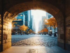 Low-angle wide photo of a weathered stone archway and cobblestone street leading toward glass skyscrapers at golden hour, with street trees and pedestrians softened by atmospheric haze.