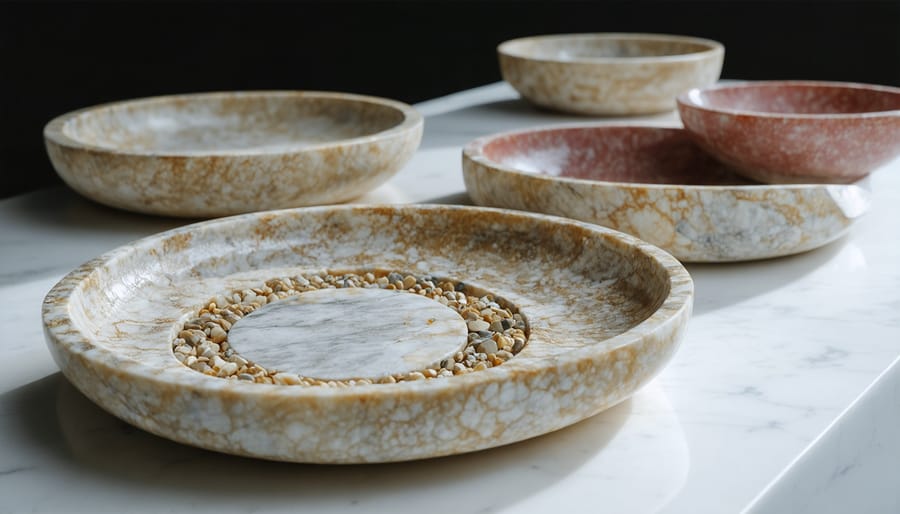 Artisan's hands embedding marble stone into ceramic serving dish during handcrafted production