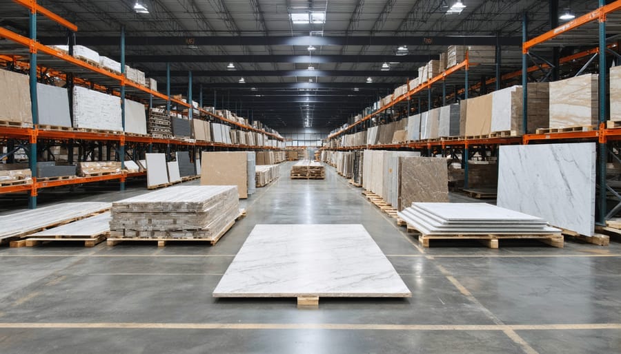 Worker scanning barcode label on granite slab with smartphone