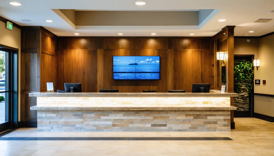 Hotel lobby featuring modular stone wall installation behind reception desk