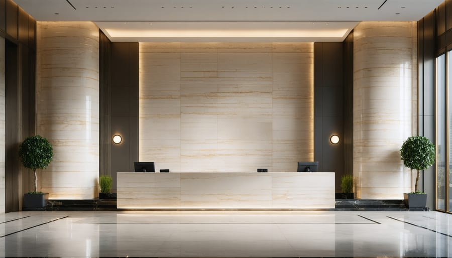 Modern commercial lobby featuring natural stone walls and flooring with reception desk