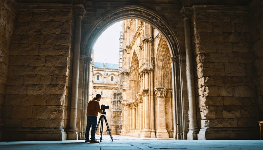 Conservation architect operating a tripod-mounted laser scanner before a weathered Gothic stone cathedral portal at golden hour, carved details glowing in side light with scaffolding and stone blocks softly blurred behind.