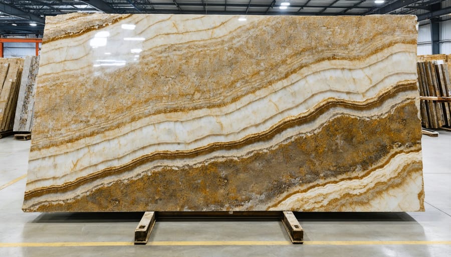 Stone retailer showing customers digital catalog of granite slabs on computer monitor