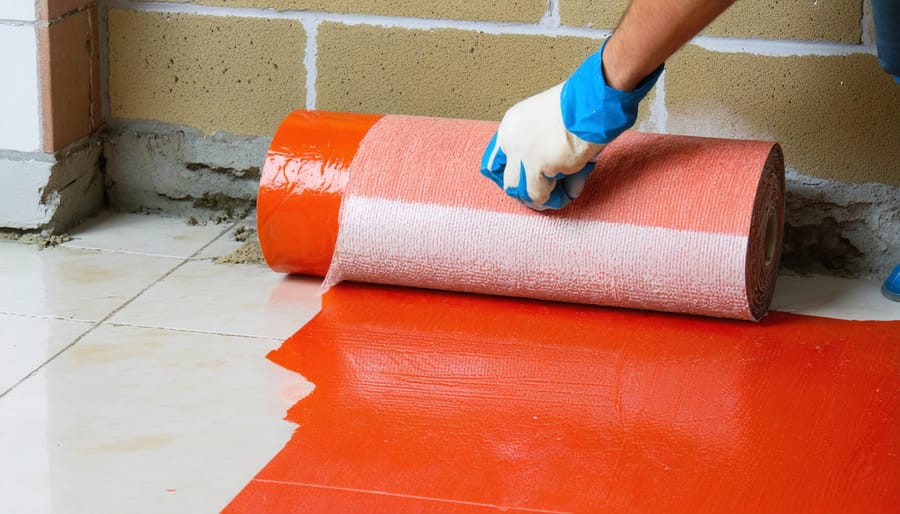 Hand using a paint roller to apply red waterproofing membrane to a cement-board shower corner and curb with mesh tape, with a blurred drain, trowel, and stacked marble tiles in the background.