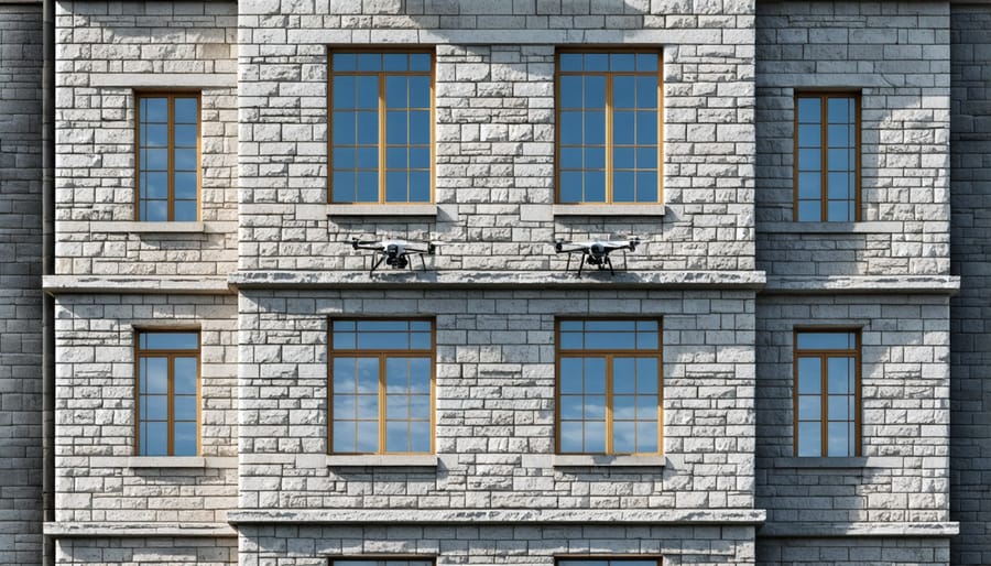 Drone with camera photographing historic stone building facade for photogrammetry