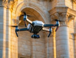 Quadcopter drone hovering near an ornate limestone building facade at golden hour, capturing detailed images for 3D photogrammetry with carved stone textures clearly visible and a softly blurred city street behind
