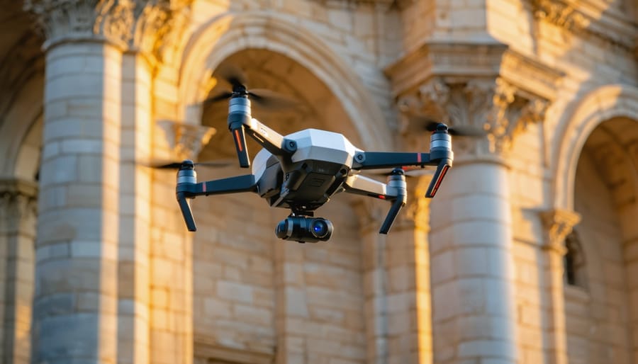 Quadcopter drone hovering near an ornate limestone building facade at golden hour, capturing detailed images for 3D photogrammetry with carved stone textures clearly visible and a softly blurred city street behind