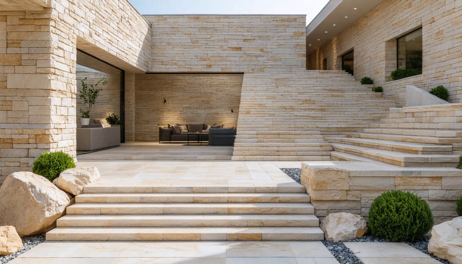 Modern building facade constructed with durable natural stone showing quality and longevity
