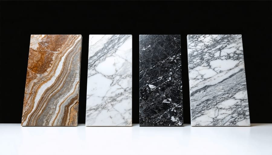 Four marble and granite slabs arranged side by side on a studio surface, showing variations in pattern consistency, color uniformity, and natural veining with a blurred workshop in the background.