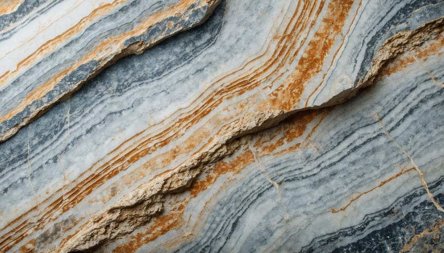 Luxury kitchen featuring exotic grade marble countertop with dramatic consistent veining patterns