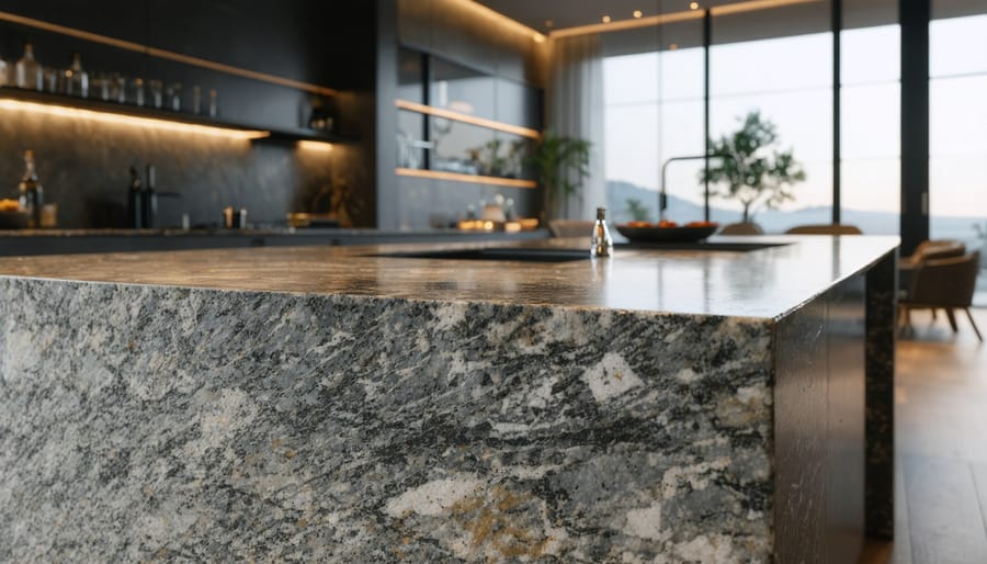 Close-up of a polished granite kitchen island corner with a beveled edge, sharply focused with blurred modern cabinetry and stainless appliances in the background