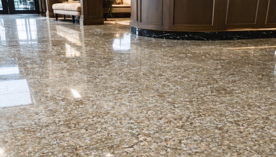 Modern interior with granite tile flooring in natural sunlight