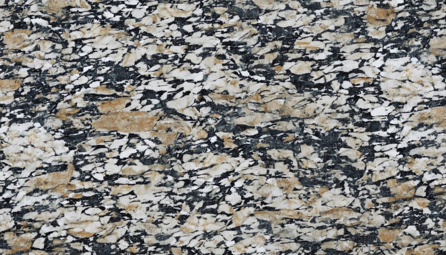 Dramatic veined granite countertop with simple edge profile showcasing stone pattern